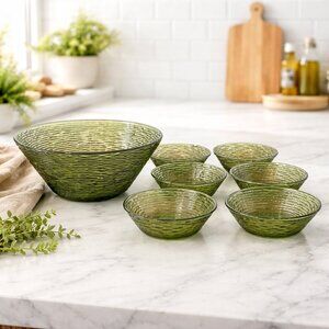 Anchor Hocking Soreno Avocado Green Glass Bowl Set | 7-Piece Vintage